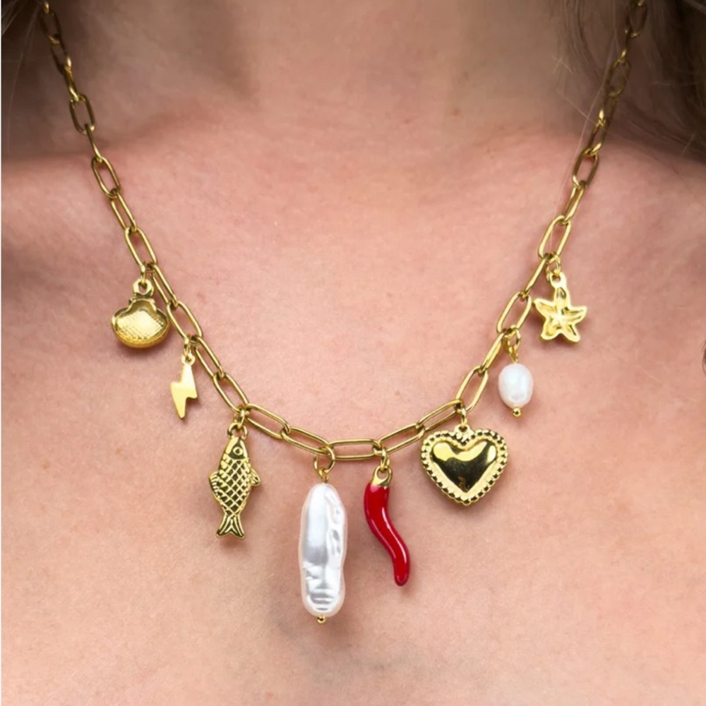 Oshena designer Beachwear Marella‎ Gold Charm Necklace FREE jewelry box!